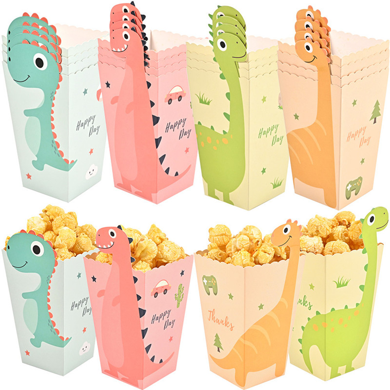 Food Snacks For Kids - 恐竜の絵が描かれた箱,4個,恐竜の絵,ポップコーンテーマ,誕生日パーティーの装飾,男の子と女の子のスナックボックス