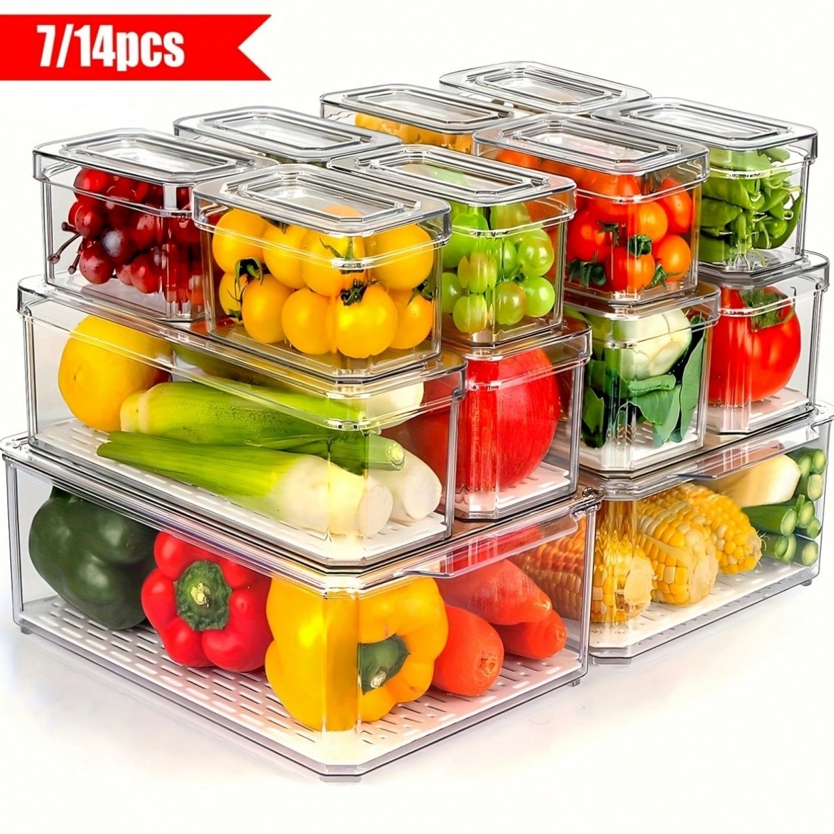 7個/14個セットの積み重ね可能な冷蔵庫用収納ボックス（蓋付 - Food Packed Snacks のレビューと価格